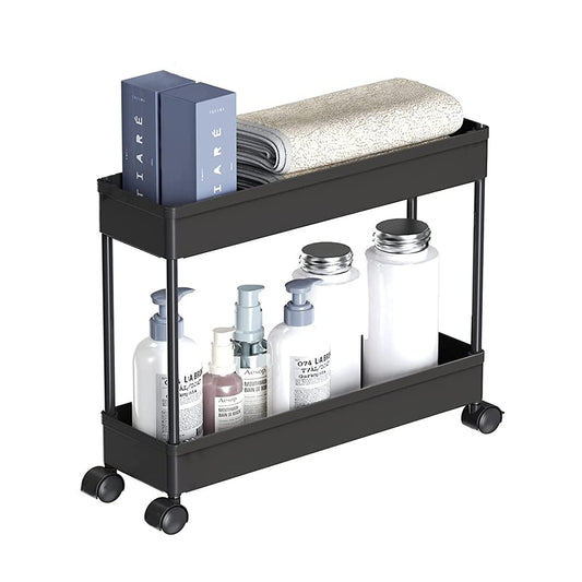 2 Tier Multipurpose Plastic Storage Organizer Slim Rack Shelf with Wheels Slim Slide Out Kitchen Trolley Rack Holder